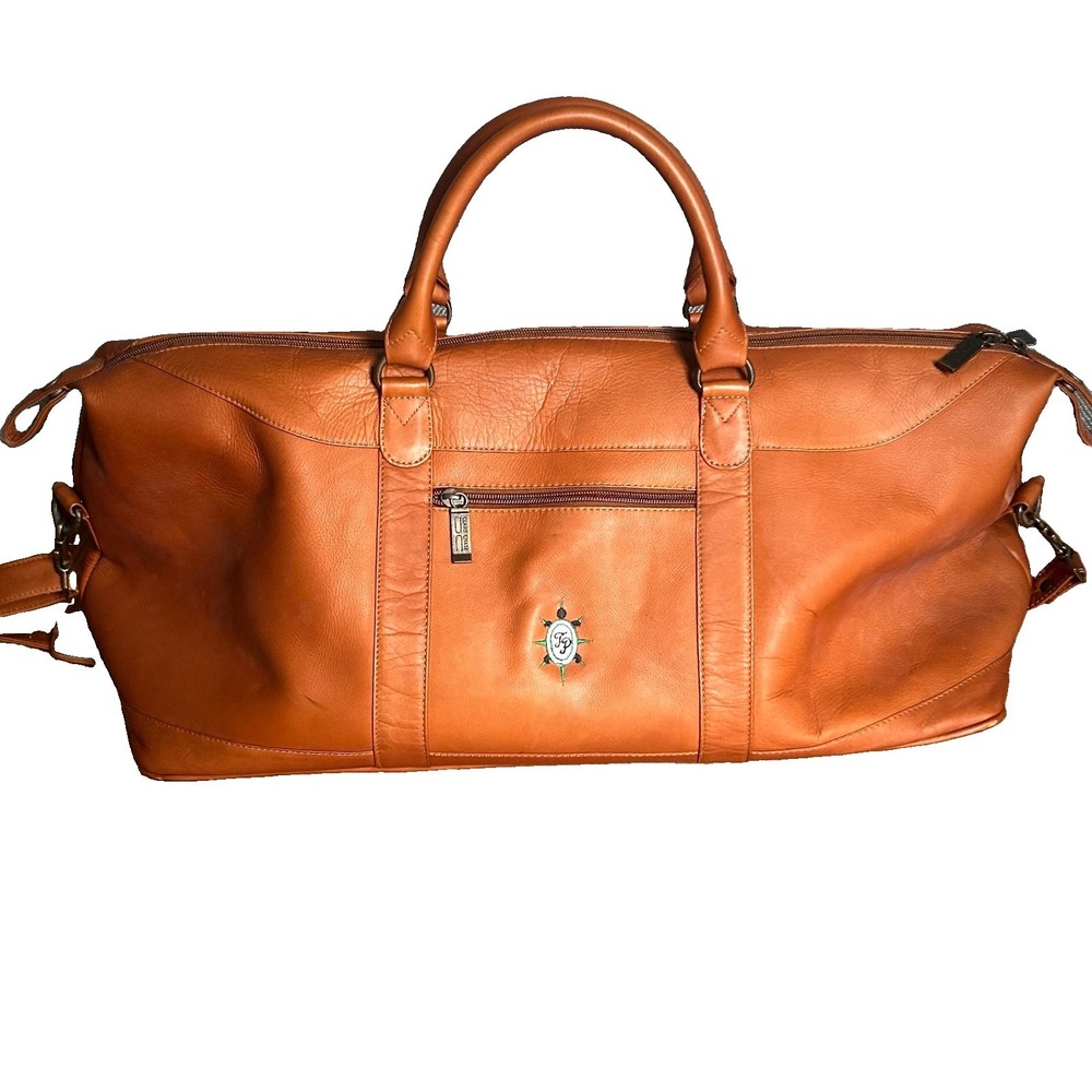 Claire Chase Leather Duffel Bag Saddle Tan Brown Weekender Travel Gym Bag Turtle